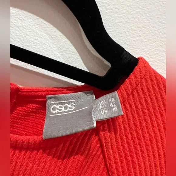 Red Ribbed Pencil Dress with Corset Seam Details - Picture 3 of 3